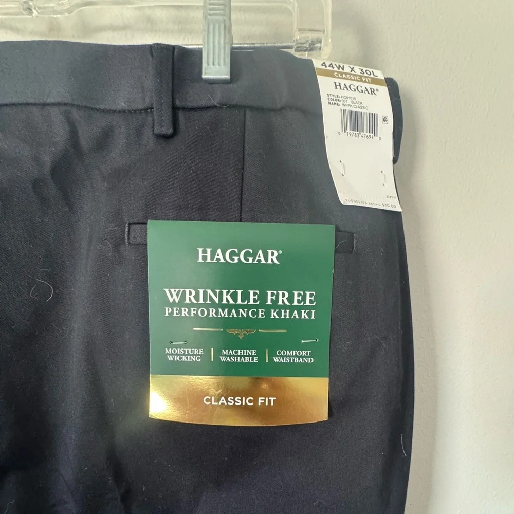 Haggar Khaki Performance Pants Mens 44x30 Navy Classic Fit Flat Front NEW